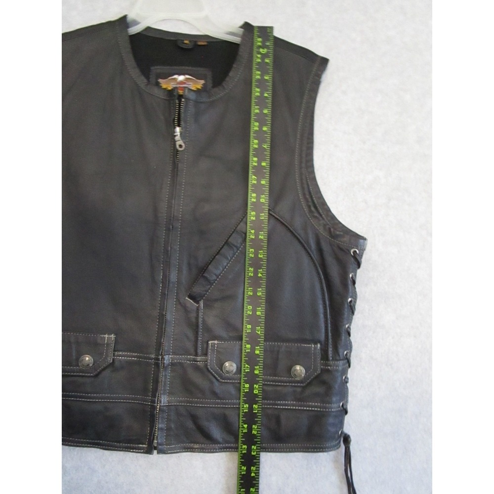 Harley-Davidson Leather Vest Mens Medium M Black Biker Lace Up Eagle Logo Gilet - Picture 12 of 14